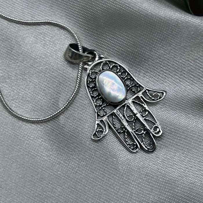 Shimmering Mother Of Pearl Hand Of Hamsa Sterling Silver Pendant