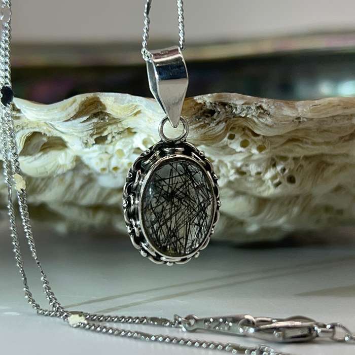 Black Rutile Sterling Silver Crystal Pendant