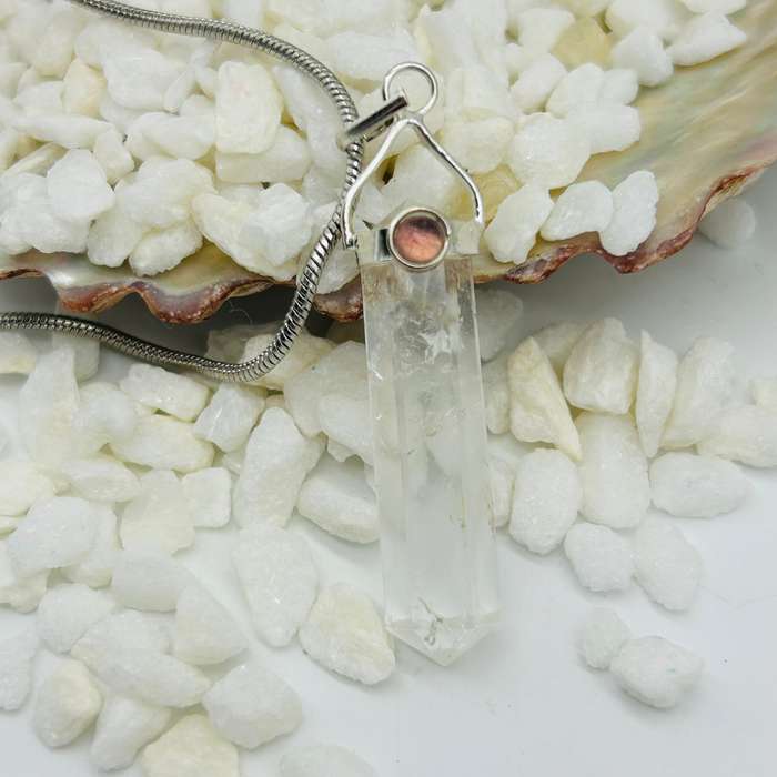 Clear Quartz Crystal Pendant with Pink Tourmaline Cabochon