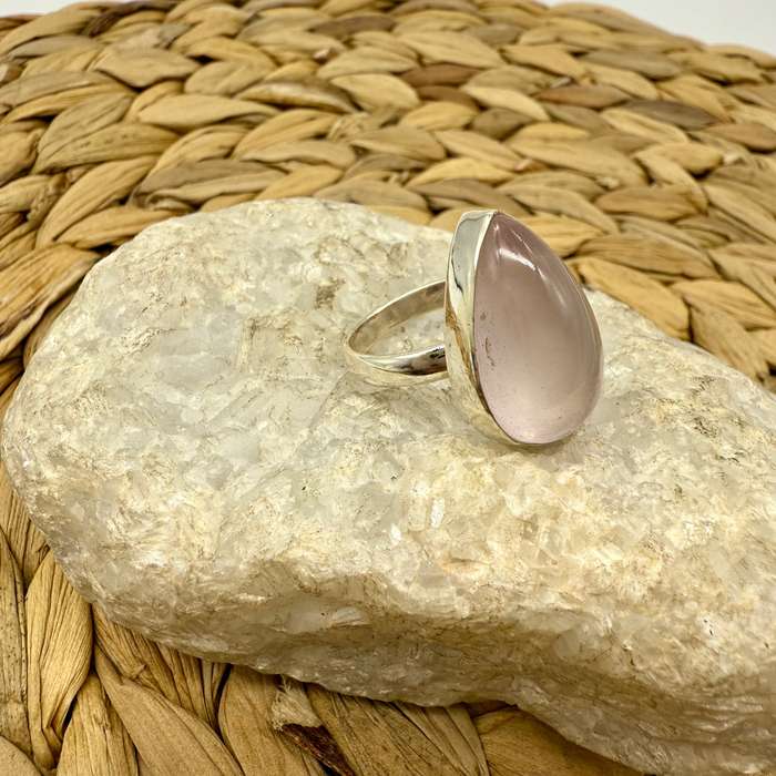 Rose Quartz Teardrop Sterling Silver Crystal Ring