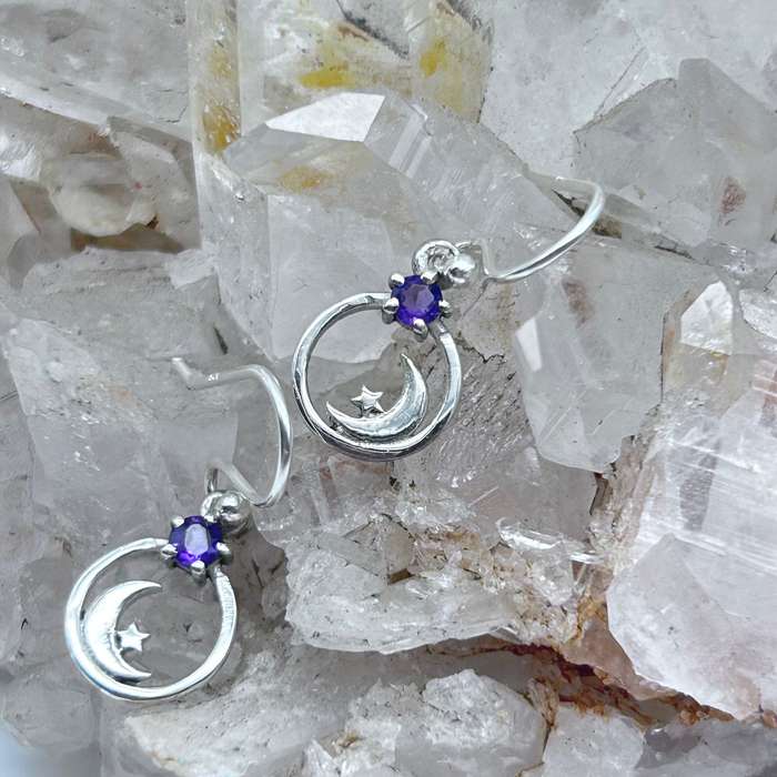 Sterling Silver Amethyst Moon And Star Earrings
