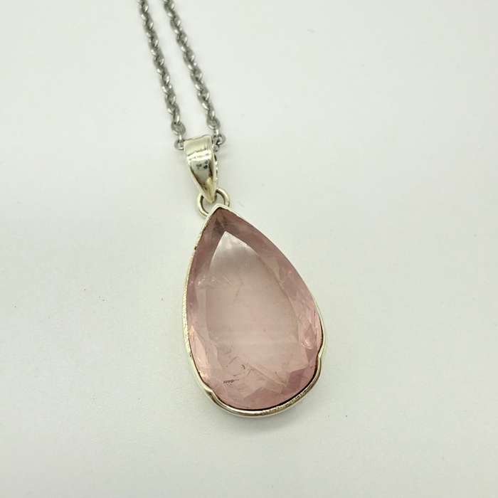 Rose Quartz Teardrop Faceted Sterling Silver Pendant