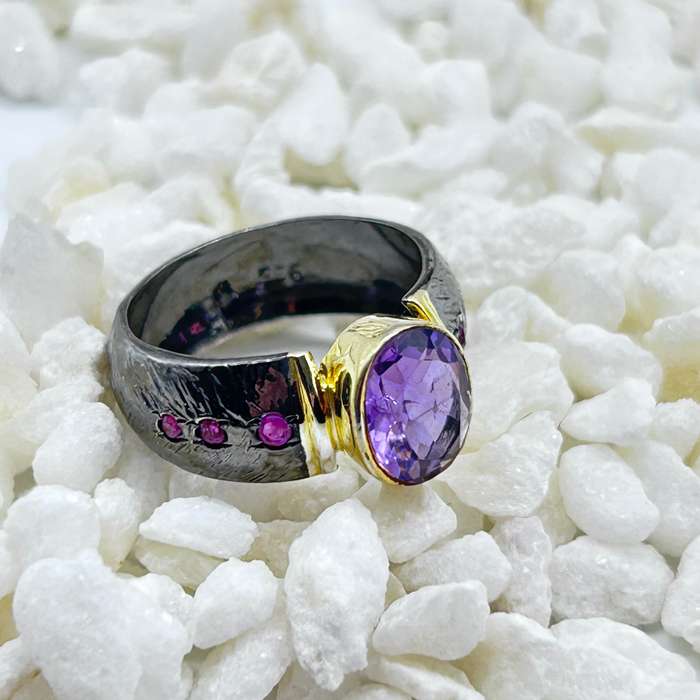 Amethyst Rhodium Plated Sterling Silver Ring