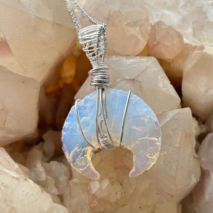 Jelly Opal Moon Wire Wrap Pendant