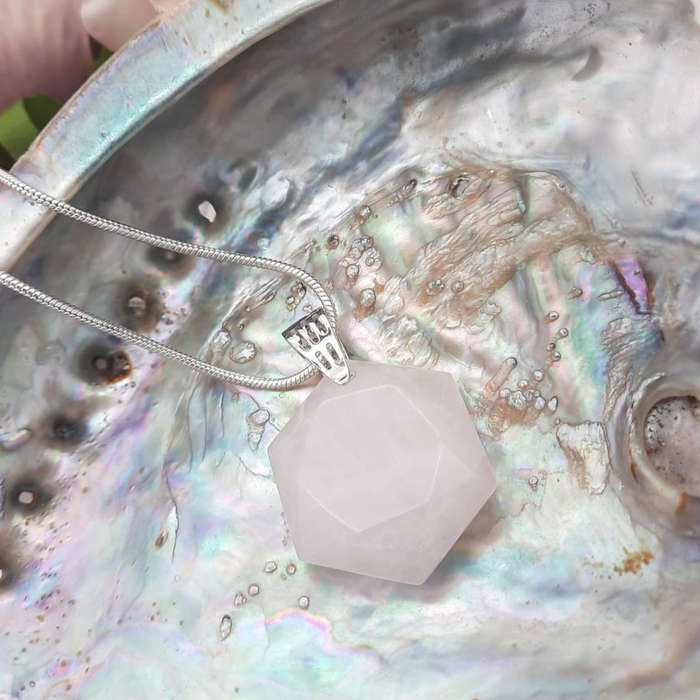 Six Sided Hexagon Rose Quartz Crystal Pendant.
