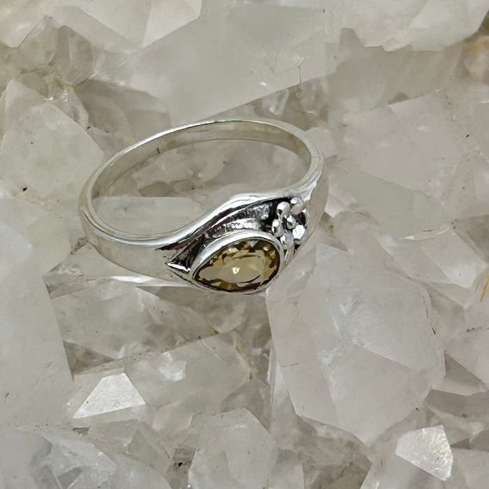 Pear Shaped Citrine Faceted Crystal Sterling Silver Ring