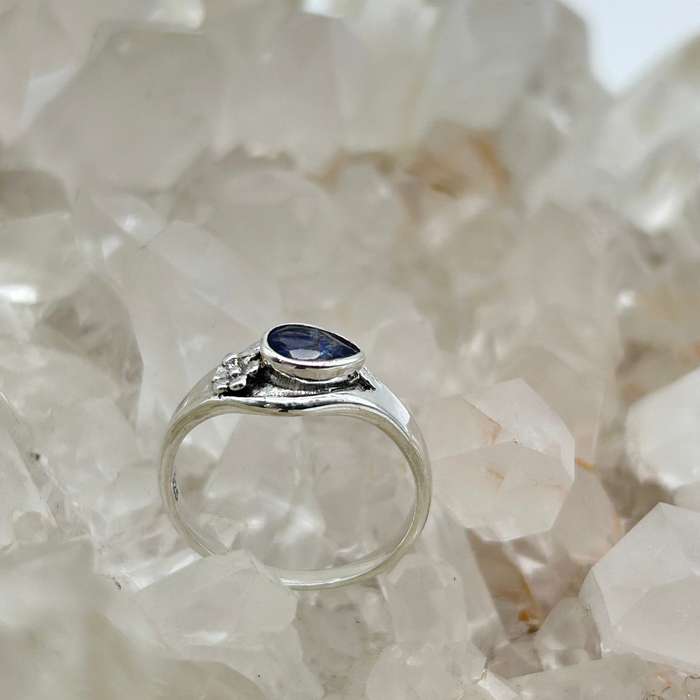Pear Shaped Faceted Iolite Crystal Sterling Silver Ring