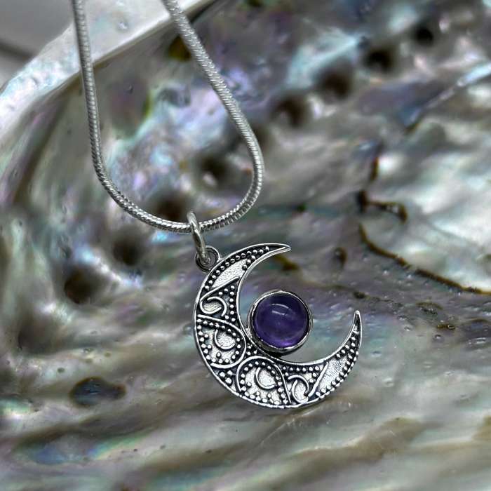 Crescent Moon Filigree With Amethyst Sterling SIlver Pendant