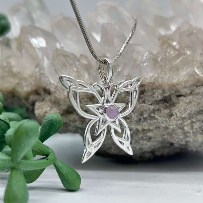 Sterling Silver Celtic Butterfly Rose Quartz Cabochon Crystal Pendant