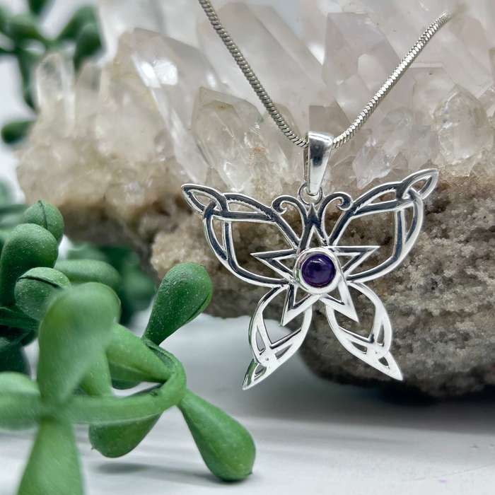 Sterling Silver Celtic Butterfly Amethyst Crystal Cabochon Pendant