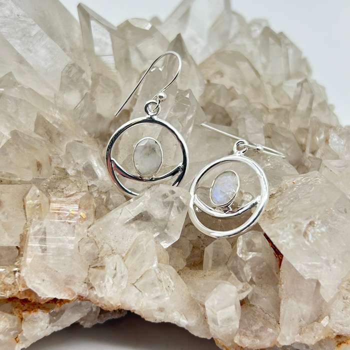 Modern Crescent Moon Moonstone Crystal Sterling Silver Earrings
