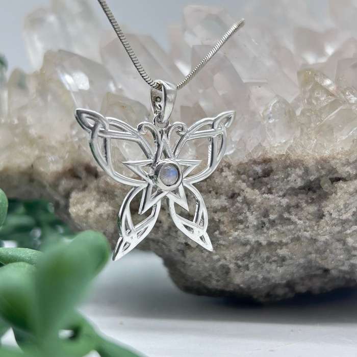Sterling Silver Celtic Butterfly With Moonstone Cabochon Crystal Pendant