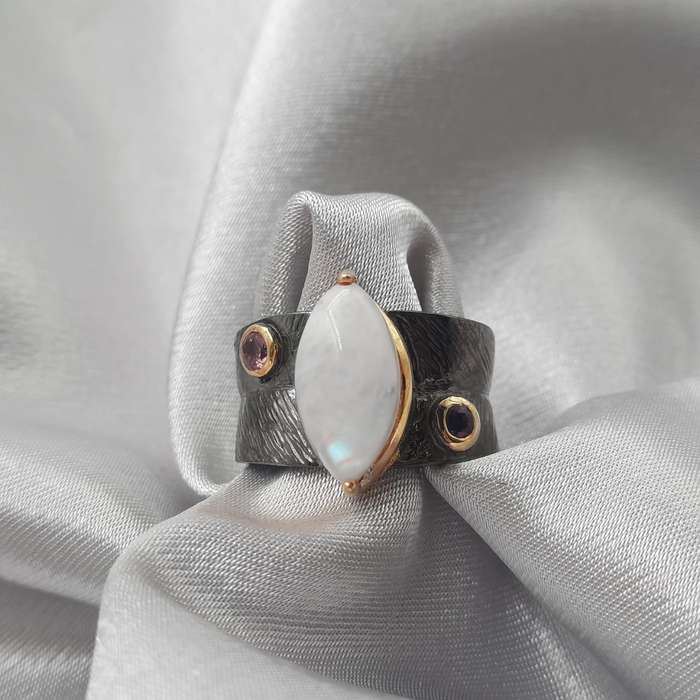 Moonstone Buckler Rhodium Plated sterling silver Ring