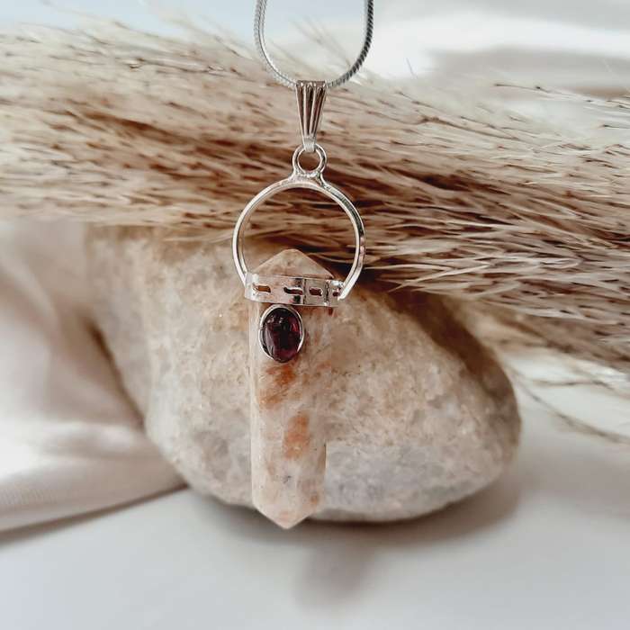 Sunstone with Garnet Cabochon DT Crystal Pendant