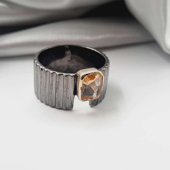 Rhodium Plated Sterling Silver Faceted Citrine Crystal Ring