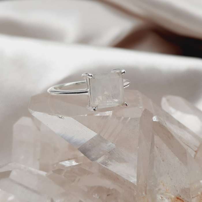 Faceted Moonstone Crystal Sterling Silver Square Shaped Ring