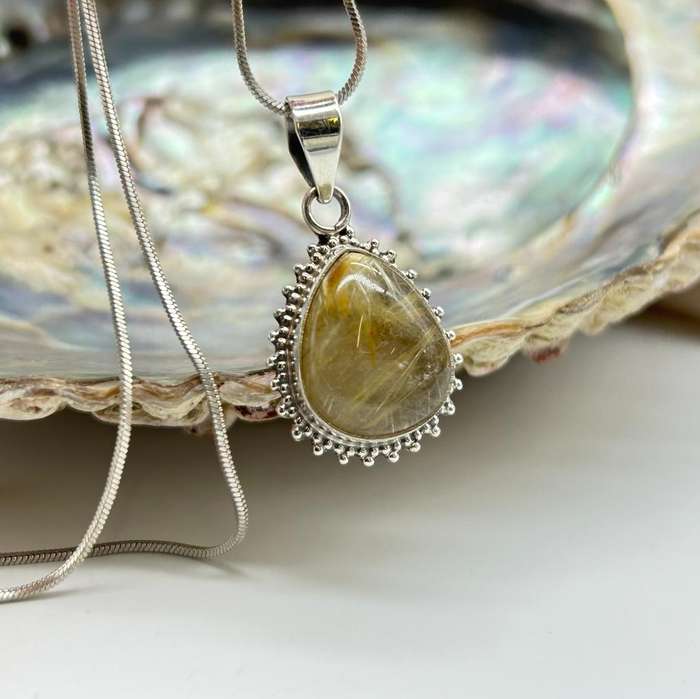 Sterling Silver Small Pear-Shaped Golden Rutile Quartz Crystal Gemstone Cabochon Pendant