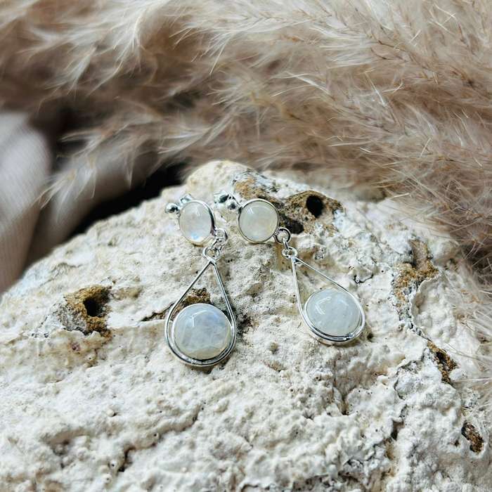 Celestial Elegance: Sterling Silver Duo-Moonstone Cabochon Earrings