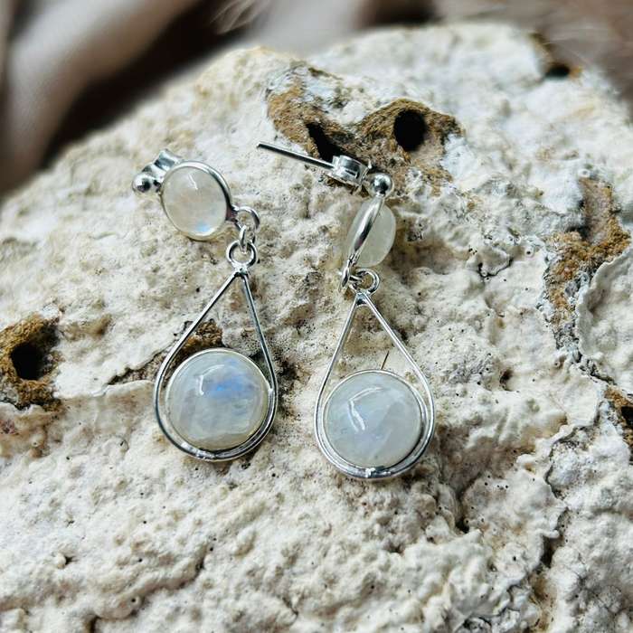 Celestial Elegance: Sterling Silver Duo-Moonstone Cabochon Earrings