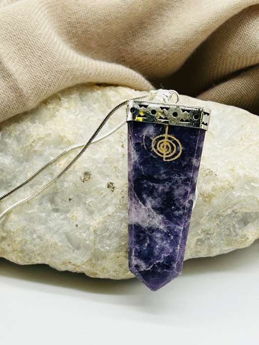 Lepidolite Tabby White Metal Pendant With Reiki Symbol