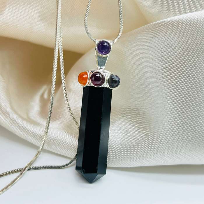 Black Tourmaline Point With Cabochon Gemstones Metal Pendant
