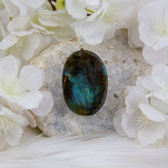 Labradorite Crystal Gemstone Sterling SIlver Pendant with hand-painted Lord Krishna Deity