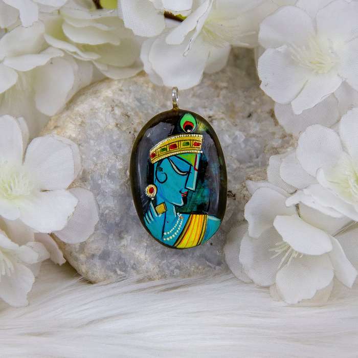 Labradorite Crystal Gemstone Sterling SIlver Pendant with hand-painted Lord Krishna Deity