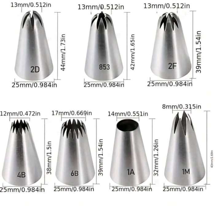 7pc Decorating Nozzles 2D 853 2F 4B 6B 1M 1A