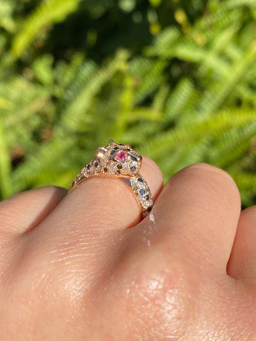 18K gold ruby and diamond leopard ring.