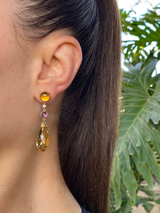 18K gold amethyst, citrine, and diamond drop earrings.