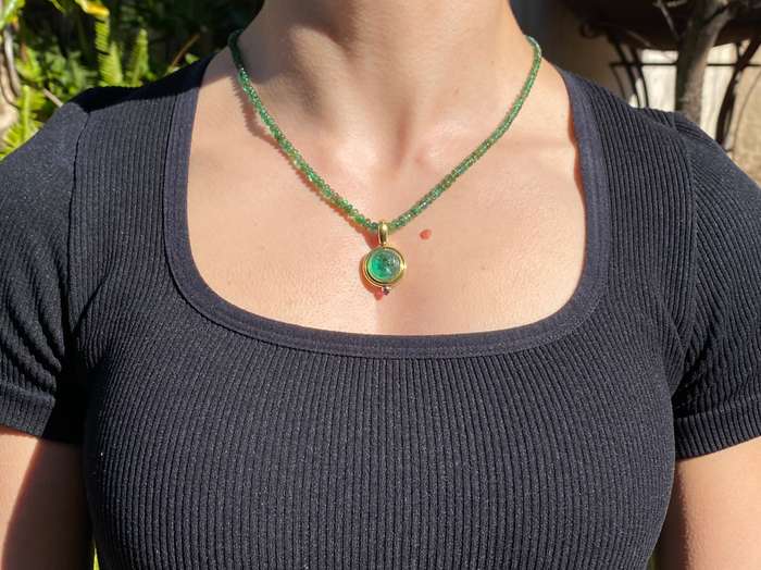 9K gold cameo glass and amethyst enhancer with emerald bead necklace.