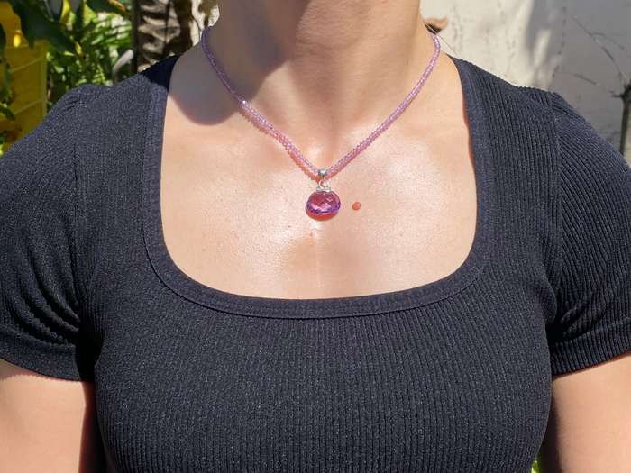 9K gold amethyst handbag pendant with 9K gold amethyst bead necklace.