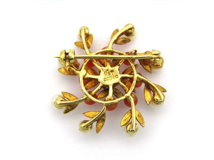 9K gold pearl and coral brooch, London 1964, by H&T.