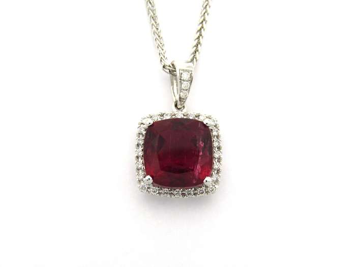 18K gold rubellite tourmaline and diamond pendant.
