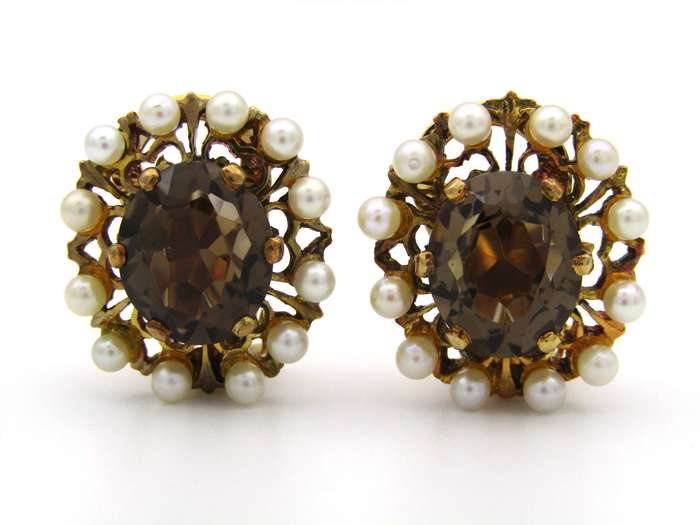9K gold smoky quartz and pearl clip-on earrings, circa 1950's.
