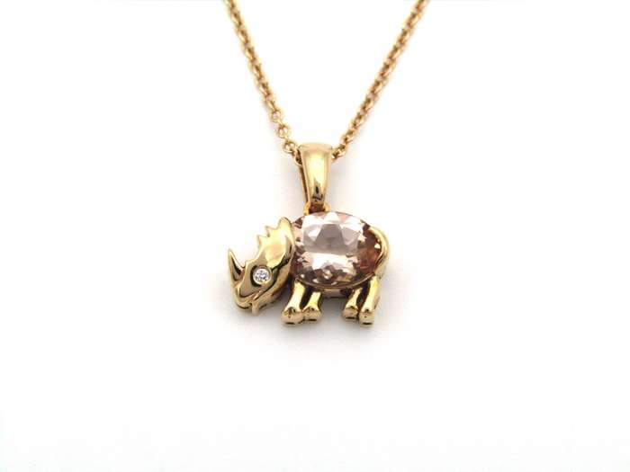18K gold morganite and diamond rhino pendant.