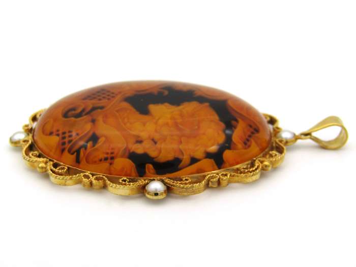 9K gold amber and cultured akoya pearl filigree pendant.