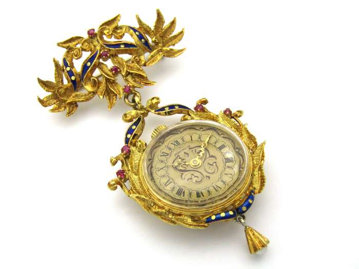 18K gold Edwardian enamel and ruby Montreux watch. Circa 1900.
