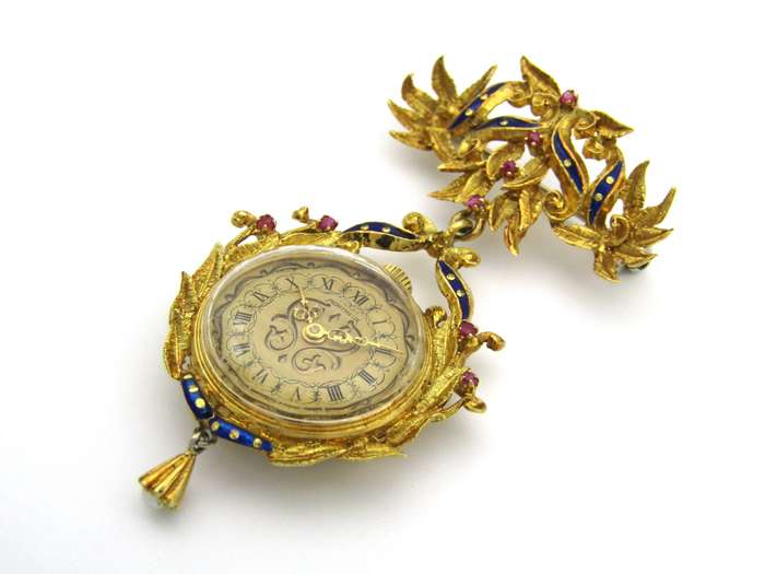 18K gold Edwardian enamel and ruby Montreux watch. Circa 1900.