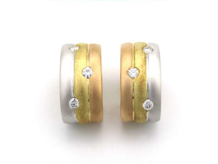 18K tri-colour gold diamond huggie earrings, circa 1970's.