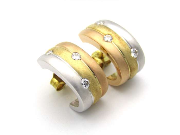 18K tri-colour gold diamond huggie earrings, circa 1970's.