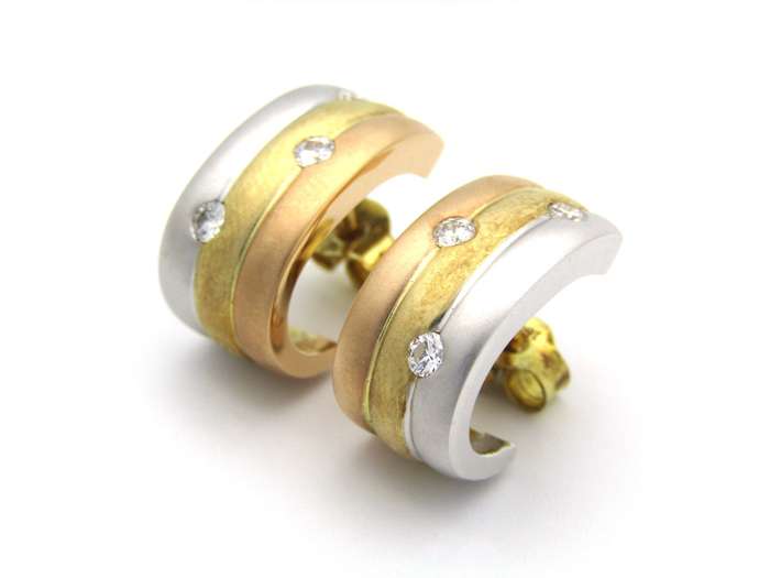 18K tri-colour gold diamond huggie earrings, circa 1970's.