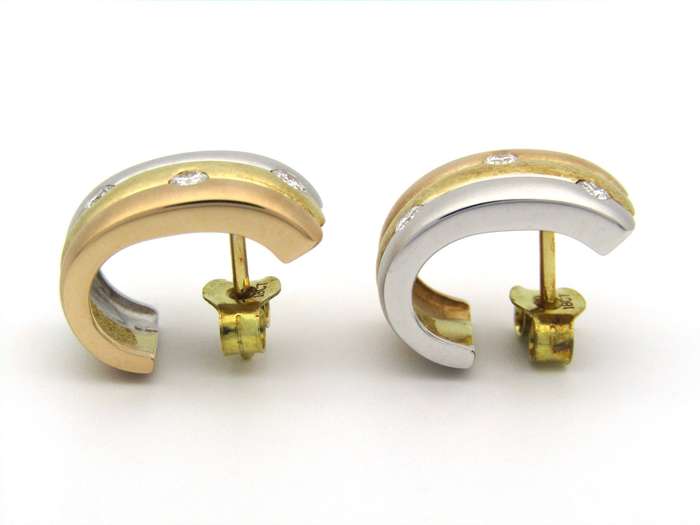 18K tri-colour gold diamond huggie earrings, circa 1970's.
