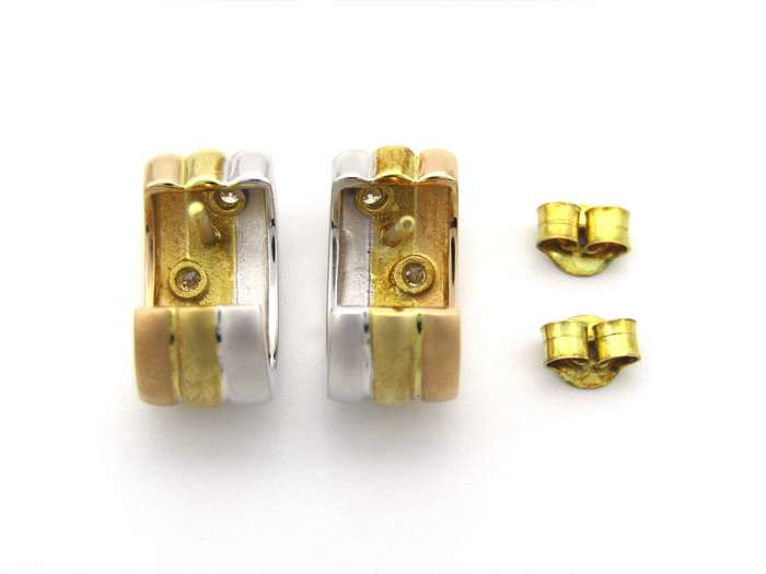18K tri-colour gold diamond huggie earrings, circa 1970's.