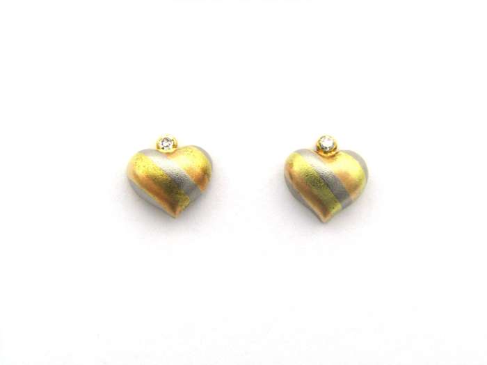 18K gold tri-colour gold diamond heart earrings by Jka Köhle, circa 1970's.