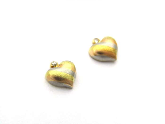 18K gold tri-colour gold diamond heart earrings by Jka Köhle, circa 1970's.