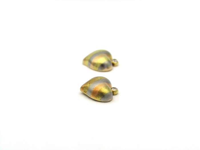 18K gold tri-colour gold diamond heart earrings by Jka Köhle, circa 1970's.