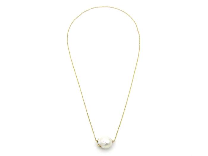14K gold baroque pearl and diamond floating necklace.