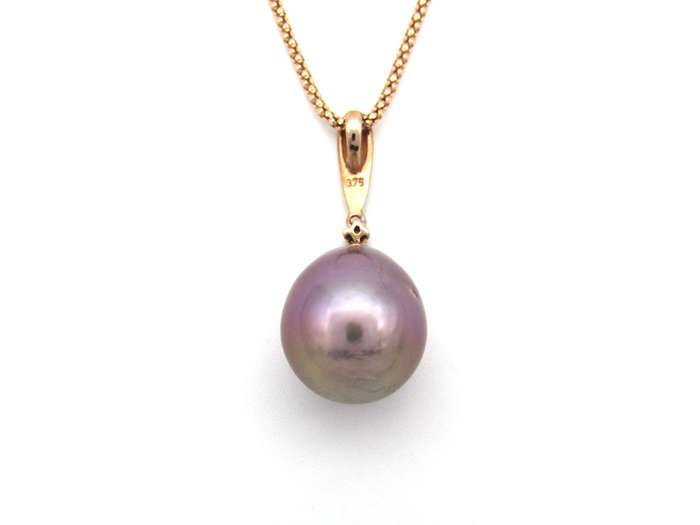 9K gold freshwater pearl and diamond pendant with 18K gold chain.