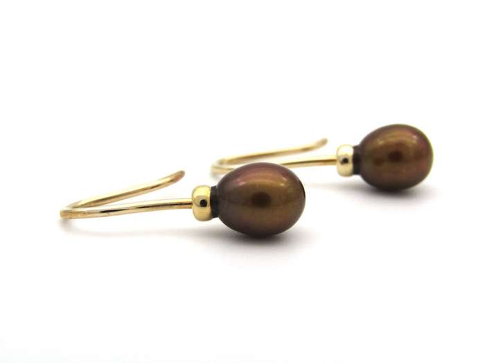 9K gold freshwater pearl dangle earrings.